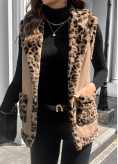 Leopard Patchwork Light Coffee Sleeveless Turn Down Collar Waistcoat