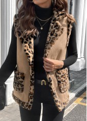 Leopard Patchwork Light Coffee Sleeveless Turn Down Collar Waistcoat