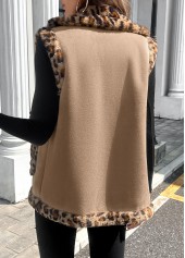 Leopard Patchwork Light Coffee Sleeveless Turn Down Collar Waistcoat