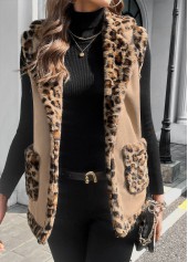 Leopard Patchwork Light Coffee Sleeveless Turn Down Collar Waistcoat