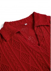 Lace Wine Red Long Sleeve Turn Down Collar Blouse