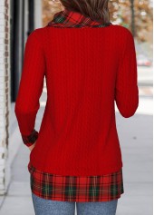 Christmas Plaid Patchwork Red Long Sleeve Cowl Neck Sweatshirt