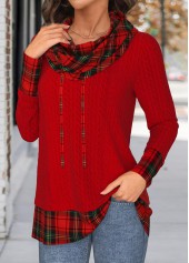 Christmas Plaid Patchwork Red Long Sleeve Cowl Neck Sweatshirt