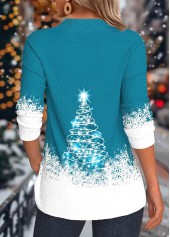 Christmas Tree Print Button Turquoise Long Sleeve Sweatshirt