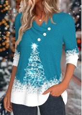 Christmas Tree Print Button Turquoise Long Sleeve Sweatshirt