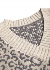 Leopard Patchwork Light Camel Long Sleeve V Neck Sweater