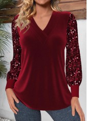 Velvet Wine Red Long Sleeve V Neck T Shirt
