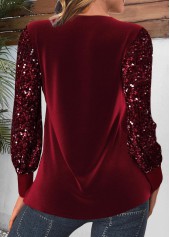 Velvet Wine Red Long Sleeve V Neck T Shirt
