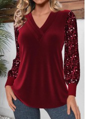 Velvet Wine Red Long Sleeve V Neck T Shirt