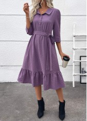 Button Belted Dusty Purple A Line 3/4 Sleeve Dress