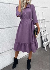 Button Belted Dusty Purple A Line 3/4 Sleeve Dress