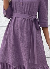 Button Belted Dusty Purple A Line 3/4 Sleeve Dress