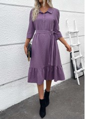 Button Belted Dusty Purple A Line 3/4 Sleeve Dress