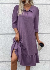 Button Belted Dusty Purple A Line 3/4 Sleeve Dress