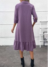 Button Belted Dusty Purple A Line 3/4 Sleeve Dress
