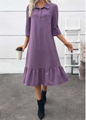 Button Belted Dusty Purple A Line 3/4 Sleeve Dress