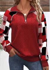 Plus Size Red Patchwork Plaid Long Sleeve Sweatshirt