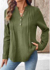 Button Olive Green Long Sleeve Split Neck Blouse
