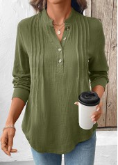 Button Olive Green Long Sleeve Split Neck Blouse