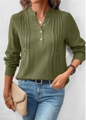 Button Olive Green Long Sleeve Split Neck Blouse