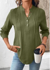 Button Olive Green Long Sleeve Split Neck Blouse