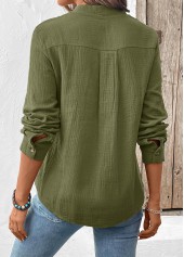 Button Olive Green Long Sleeve Split Neck Blouse