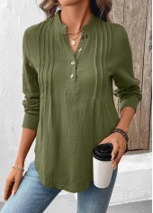 Button Olive Green Long Sleeve Split Neck Blouse