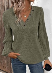 Asymmetry Olive Green Long Sleeve V Neck T Shirt