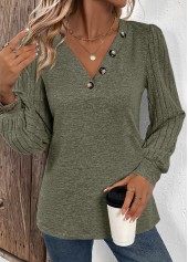 Asymmetry Olive Green Long Sleeve V Neck T Shirt