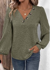 Asymmetry Olive Green Long Sleeve V Neck T Shirt