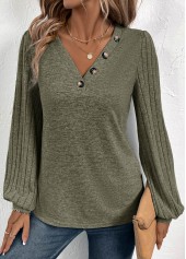 Asymmetry Olive Green Long Sleeve V Neck T Shirt