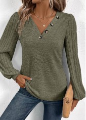 Asymmetry Olive Green Long Sleeve V Neck T Shirt