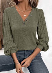 Asymmetry Olive Green Long Sleeve V Neck T Shirt