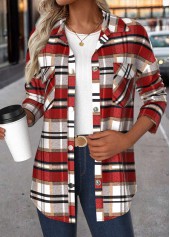 Plaid Patchwork Red Long Sleeve Turn Down Collar Coat