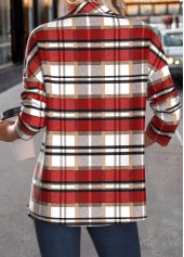 Plaid Patchwork Red Long Sleeve Turn Down Collar Coat