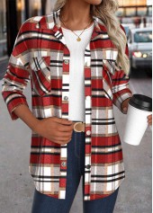Plaid Patchwork Red Long Sleeve Turn Down Collar Coat