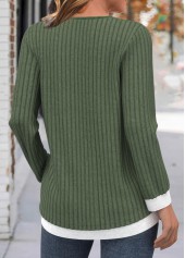 Button Olive Green Long Sleeve Round Neck T Shirt