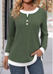 Button Olive Green Long Sleeve Round Neck T Shirt