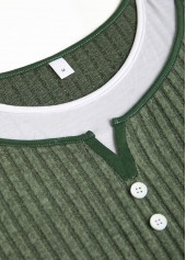 Button Olive Green Long Sleeve Round Neck T Shirt