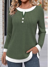 Button Olive Green Long Sleeve Round Neck T Shirt