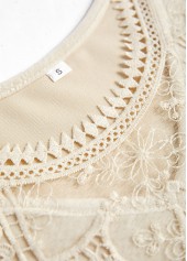 Embroidery Beige Long Sleeve Round Neck T Shirt