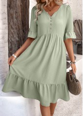Button Sage Green A Line Half Sleeve Dress