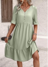 Button Sage Green A Line Half Sleeve Dress