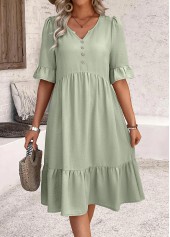 Button Sage Green A Line Half Sleeve Dress