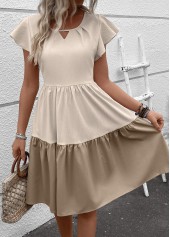 Patchwork Light Camel Short Sleeve Round Neck Dress