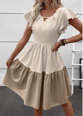 Patchwork Light Camel Short Sleeve Round Neck Dress