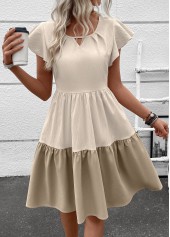 Patchwork Light Camel Short Sleeve Round Neck Dress
