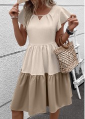 Patchwork Light Camel Short Sleeve Round Neck Dress