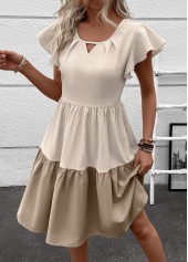 Patchwork Light Camel Short Sleeve Round Neck Dress
