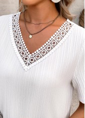 Embroidery White A Line Short Sleeve V Neck Dress